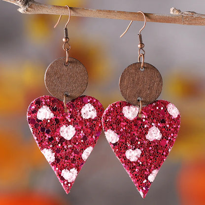 1 Pair Casual Sweet Heart Shape Pu Leather Wood Drop Earrings