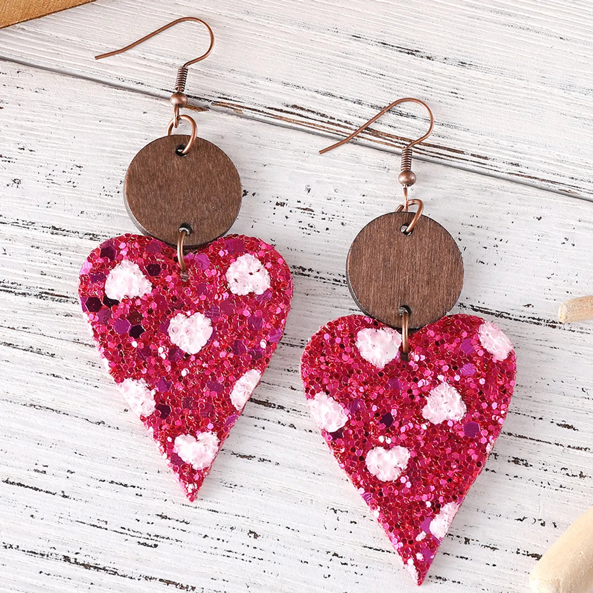 1 Pair Casual Sweet Heart Shape Pu Leather Wood Drop Earrings