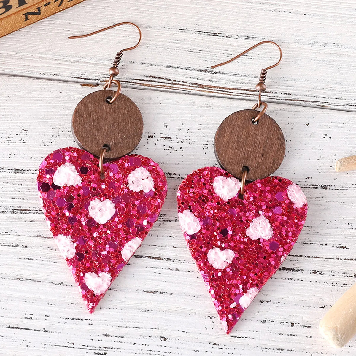 1 Pair Casual Sweet Heart Shape Pu Leather Wood Drop Earrings