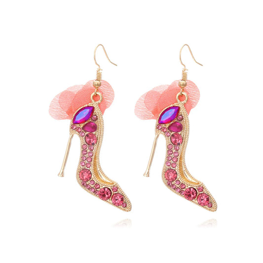 1 Pair Casual Sweet High Heel Net Yarn Alloy Rhinestones Drop Earrings