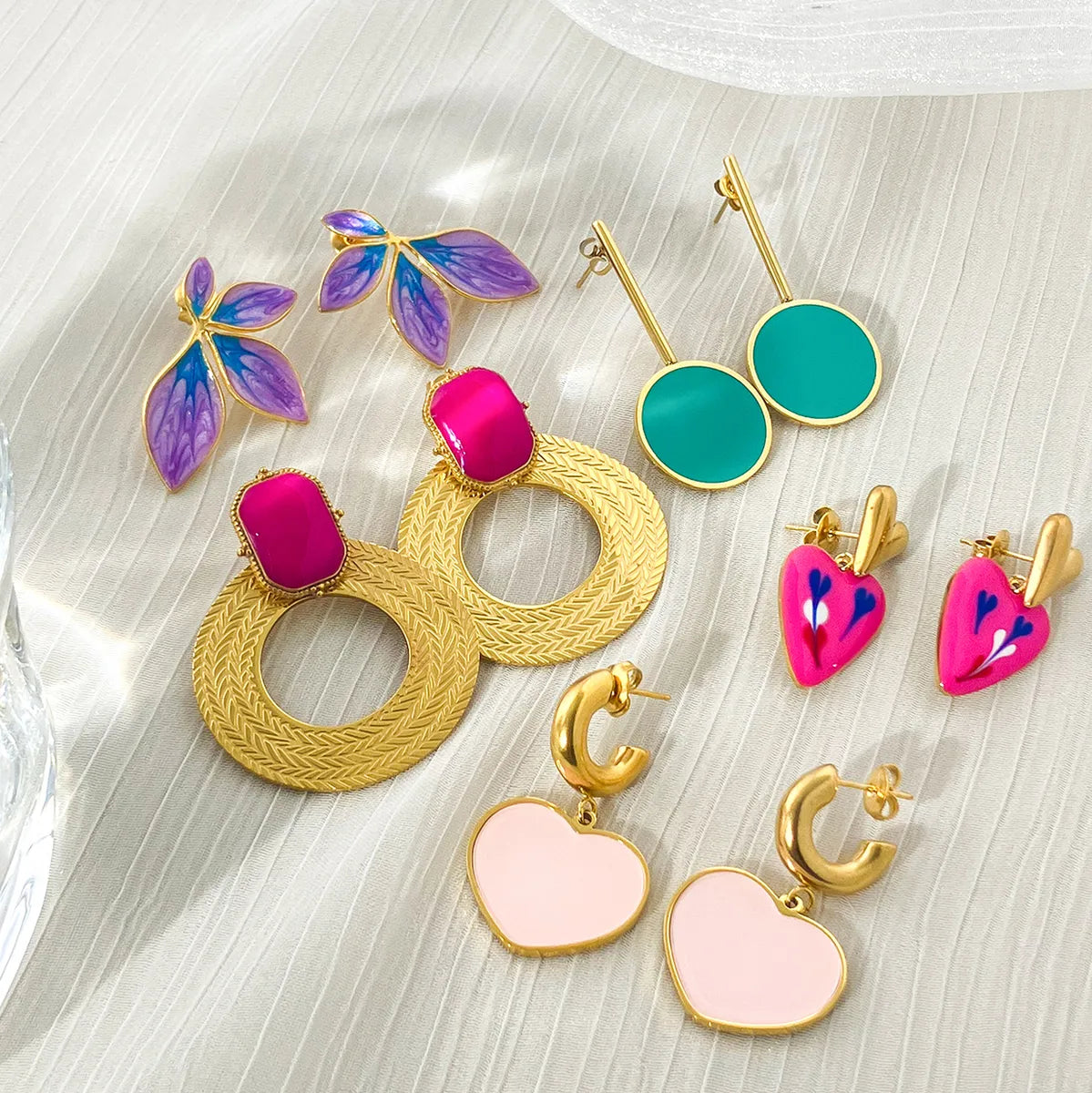 1 Pair Casual Sweet Korean Style Round Leaves Enamel 304 Stainless Steel 14K Gold Plated Drop Earrings