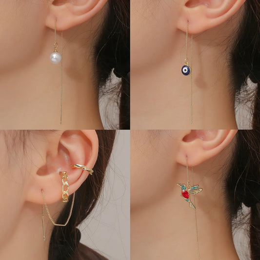 1 Pair Casual Sweet Moon Eye Bird Plating Inlay Alloy Crystal Pearl Zircon Ear Line