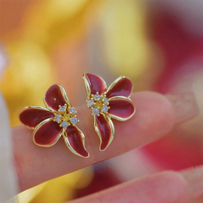 1 Pair Casual Sweet Petal Enamel Copper Zircon 14k Gold Plated Ear Studs