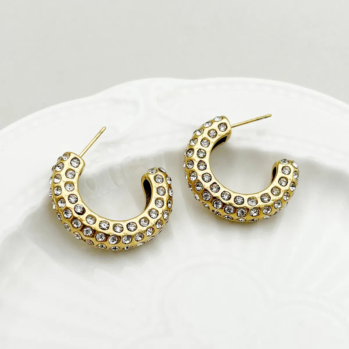 1 Pair Casual Sweet Simple Style C Shape Inlay 304 Stainless Steel Zircon 14K Gold Plated Ear Studs