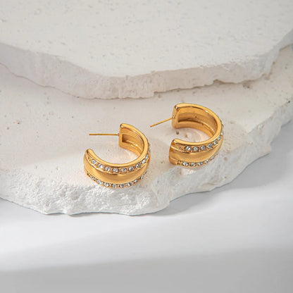 1 Pair Casual Sweet Simple Style C Shape Inlay 304 Stainless Steel Zircon 14K Gold Plated Ear Studs