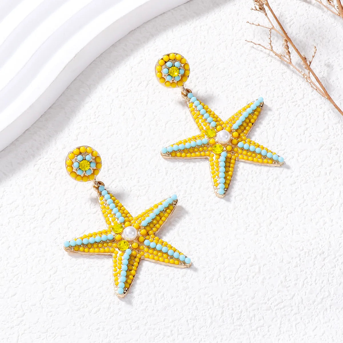 1 Pair Casual Sweet Starfish Inlay Alloy Rhinestones Pearl Drop Earrings