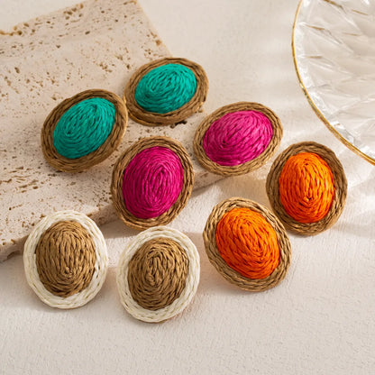 1 Pair Casual Tropical Oval Braid Raffia Ear Studs