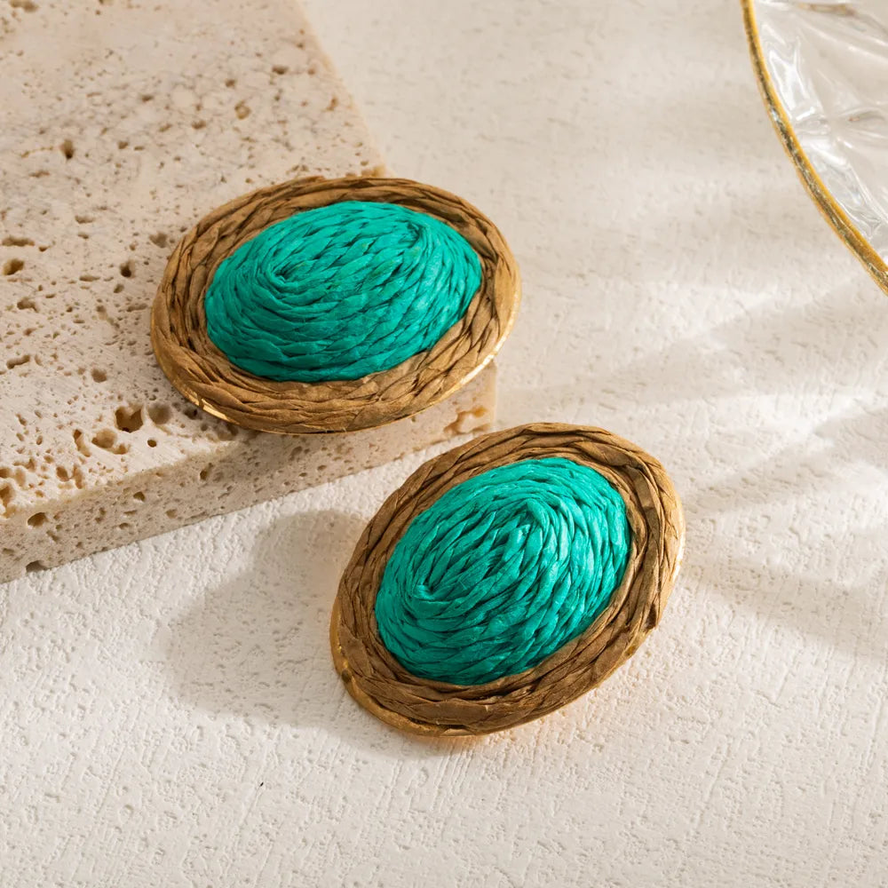 1 Pair Casual Tropical Oval Braid Raffia Ear Studs