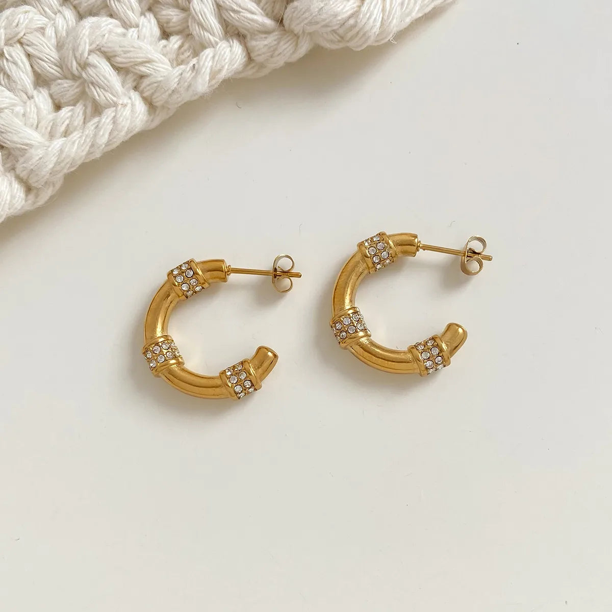 1 Pair Casual Vacation C Shape Plating Inlay 304 Stainless Steel Rhinestones 16K Gold Plated White Gold Plated Gold Plated Ear Studs