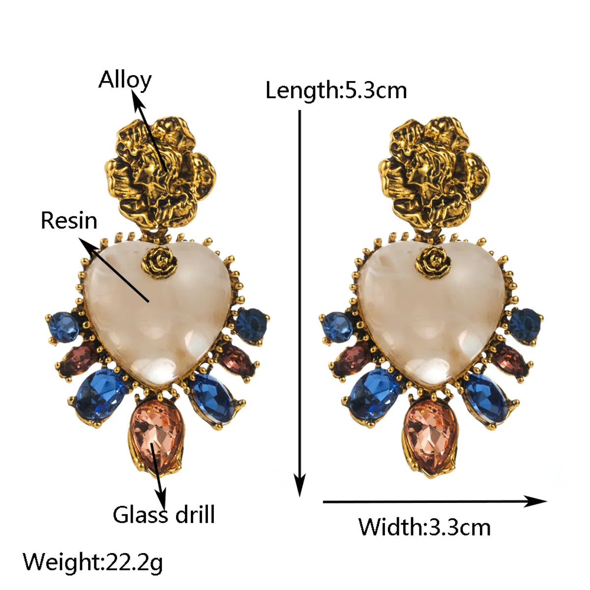 1 Pair Casual Vacation Classic Style Oval Heart Shape Flower Inlay Alloy Resin Resin Glass Gold Plated Drop Earrings