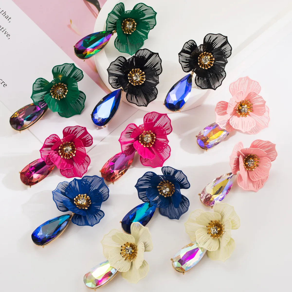 1 Pair Casual Vacation Classic Style Water Droplets Flower Inlay Alloy Rhinestones Glass Silver Plated Drop Earrings