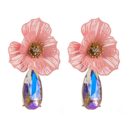 1 Pair Casual Vacation Classic Style Water Droplets Flower Inlay Alloy Rhinestones Glass Silver Plated Drop Earrings