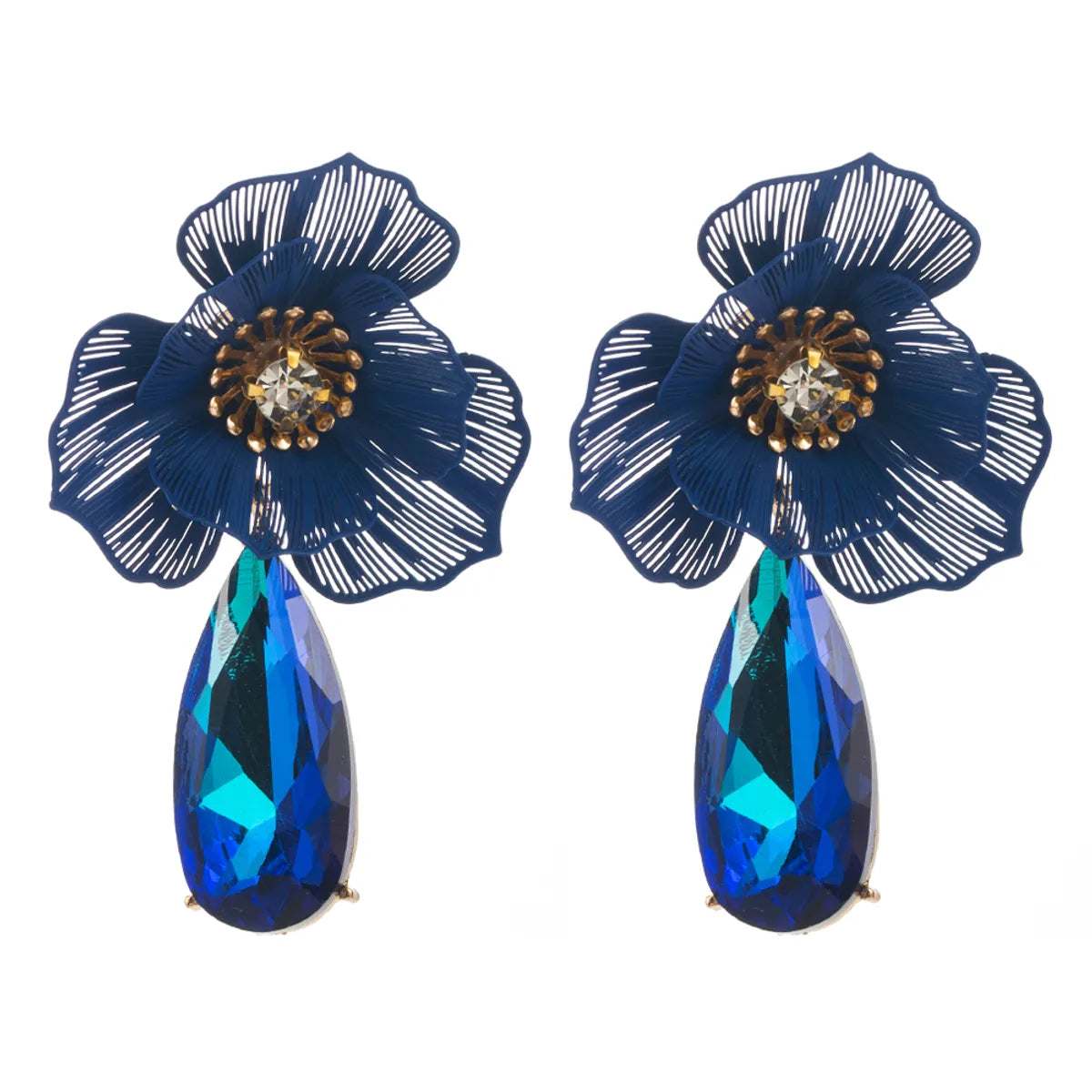 1 Pair Casual Vacation Classic Style Water Droplets Flower Inlay Alloy Rhinestones Glass Silver Plated Drop Earrings