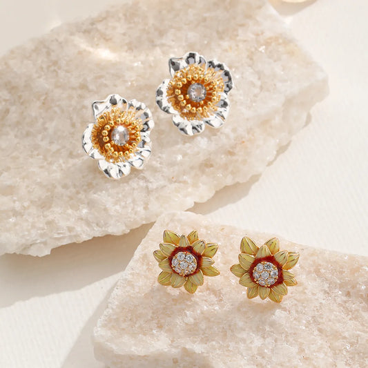 1 Pair Casual Vacation Flower Inlay Copper Zircon 18K Gold Plated Silver Plated Ear Studs