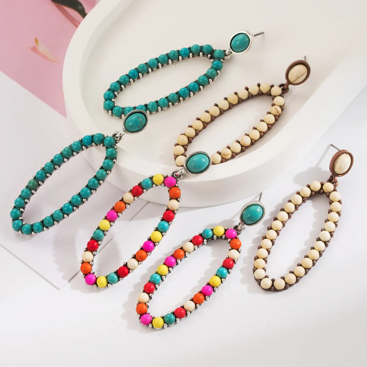 1 Pair Casual Vacation Modern Style Color Block Plating Inlay Alloy Turquoise Turquoise Silver Plated Drop Earrings