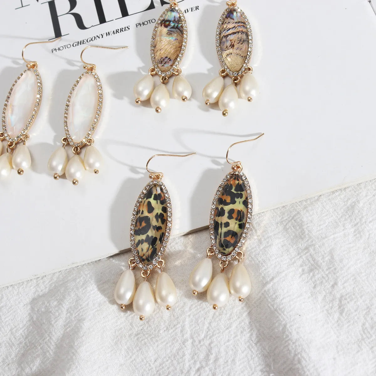 1 Pair Casual Water Droplets Leopard Alloy Pearl Plating Inlay Rhinestones Shell Women's Drop Earrings