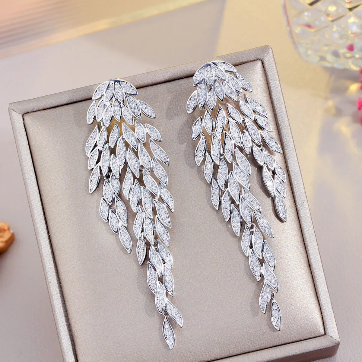 1 Pair Casual Wedding Romantic Leaves Tassel Plating Inlay Copper Zircon Rhodium Plated Silver Plated Drop Earrings