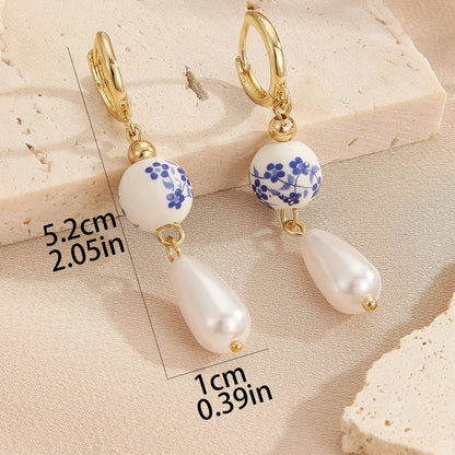 1 Pair Chinoiserie Classical Blue And White Porcelain Copper Drop Earrings