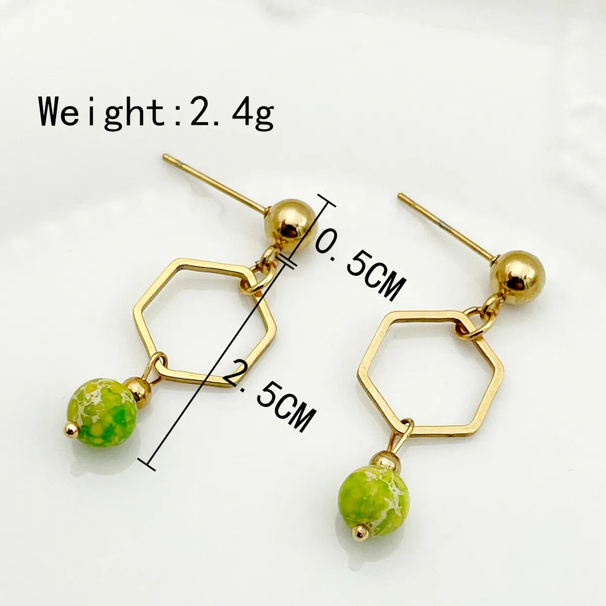 1 Pair Chinoiserie Classical Cute Hexagon Stainless Steel Natural Stone Plating Hollow Out Gold Plated Drop Earrings