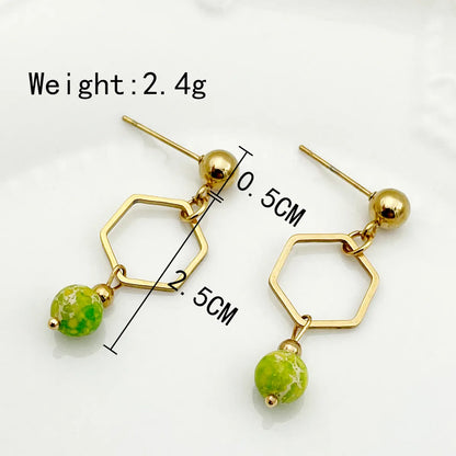 1 Pair Chinoiserie Classical Cute Hexagon Stainless Steel Natural Stone Plating Hollow Out Gold Plated Drop Earrings