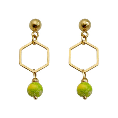 1 Pair Chinoiserie Classical Cute Hexagon Stainless Steel Natural Stone Plating Hollow Out Gold Plated Drop Earrings