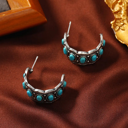 1 Pair Chinoiserie Elegant Lady Circle Inlay Zinc Alloy Turquoise Ear Studs