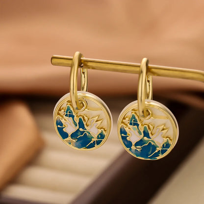 1 Pair Chinoiserie Ethnic Style Round Ink Painting Plating Hollow Out Copper 14K Gold Plated Drop Earrings