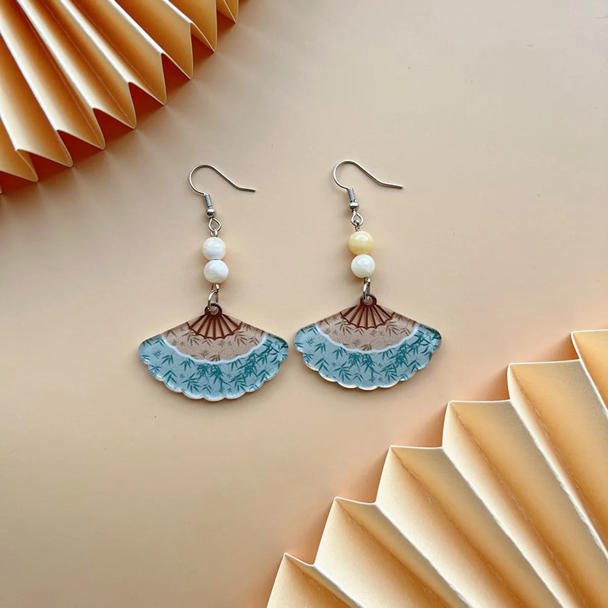 1 Pair Chinoiserie Novelty Classic Style Fan Bamboo Chrysanthemum Beaded Arylic Drop Earrings