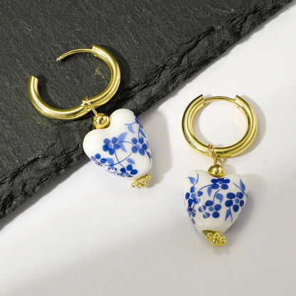 1 Pair Chinoiserie Retro Heart Shape Flower 304 Stainless Steel Ceramics Drop Earrings