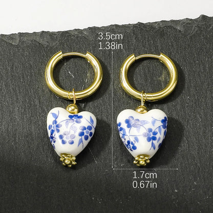 1 Pair Chinoiserie Retro Heart Shape Flower 304 Stainless Steel Ceramics Drop Earrings