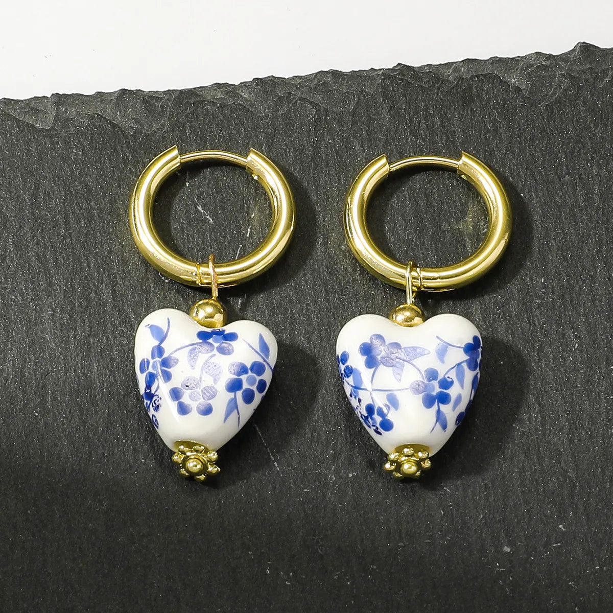 1 Pair Chinoiserie Retro Heart Shape Flower 304 Stainless Steel Ceramics Drop Earrings