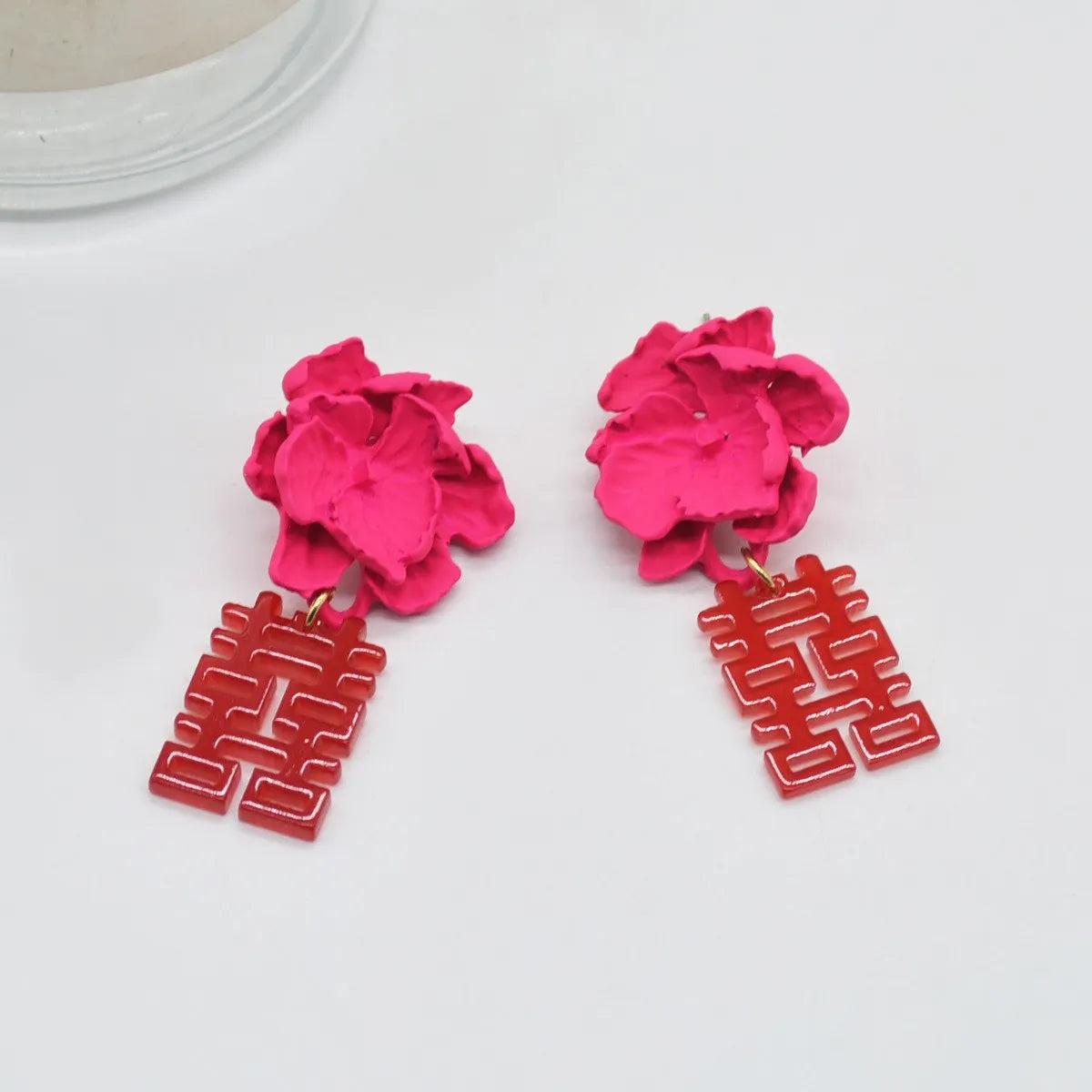 1 Pair Chinoiserie Retro Word Flower Metal Drop Earrings