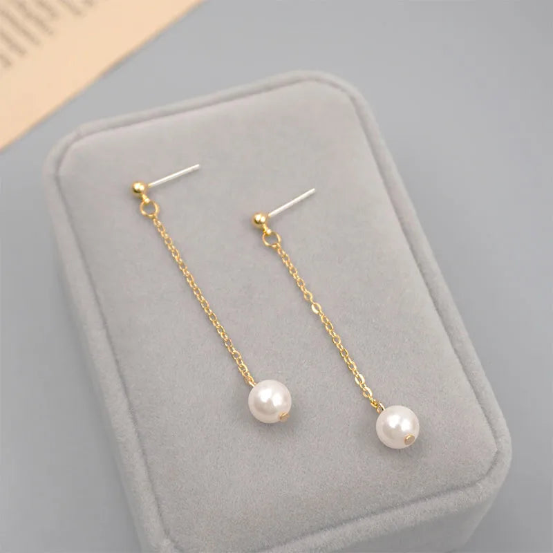 1 Pair Chinoiserie Simple Style Commute Geometric Handmade Imitation Pearl Gold Plated Drop Earrings