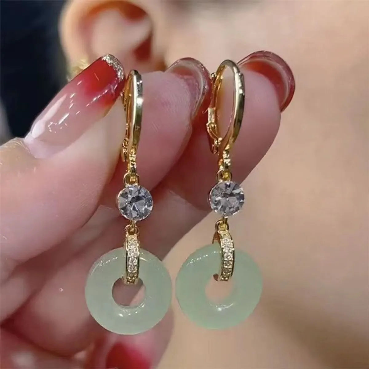 1 Pair Chinoiserie Vintage Style Double Ring Plating Inlay Alloy Artificial Gemstones Jade Gold Plated Drop Earrings