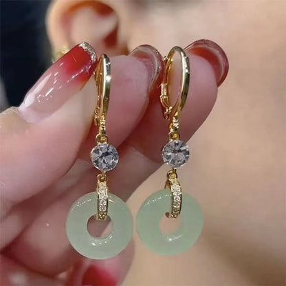 1 Pair Chinoiserie Vintage Style Double Ring Plating Inlay Alloy Artificial Gemstones Jade Gold Plated Drop Earrings