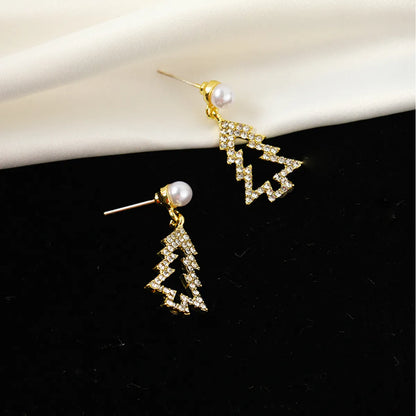 1 Pair Christmas Christmas Tree Alloy Hollow Out Artificial Pearls Rhinestones Christmas Women's Drop Earrings