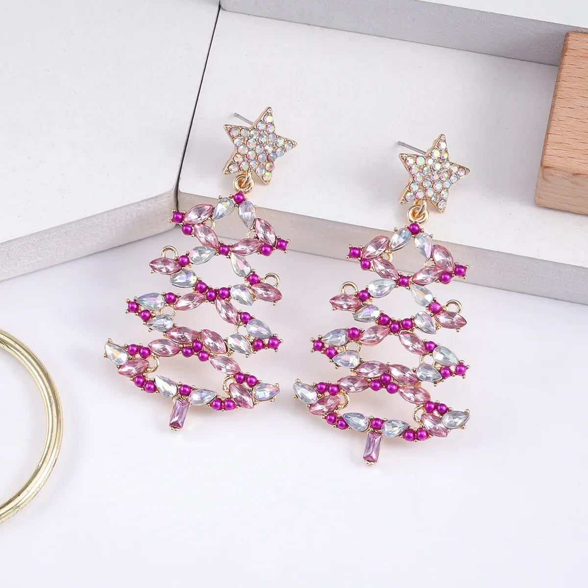 1 Pair Christmas Vacation Simple Style Christmas Tree Plating Inlay Alloy Artificial Gemstones Gold Plated Silver Plated Drop Earrings