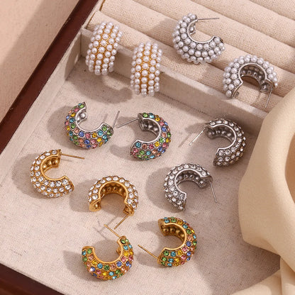 1 Pair Classic Style Color Block Inlay 304 Stainless Steel Rhinestones Pearl 18K Gold Plated Ear Studs