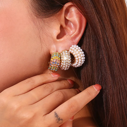 1 Pair Classic Style Color Block Inlay 304 Stainless Steel Rhinestones Pearl 18K Gold Plated Ear Studs