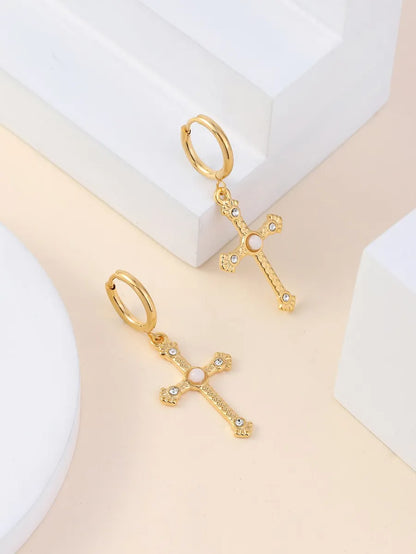 1 Pair Classic Style Cross Inlay Stainless Steel Zircon 18K Gold Plated Drop Earrings