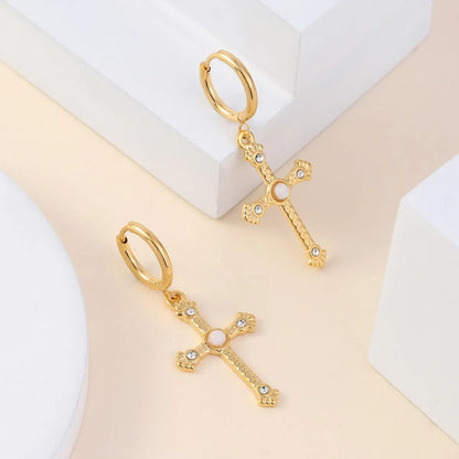 1 Pair Classic Style Cross Inlay Stainless Steel Zircon 18K Gold Plated Drop Earrings