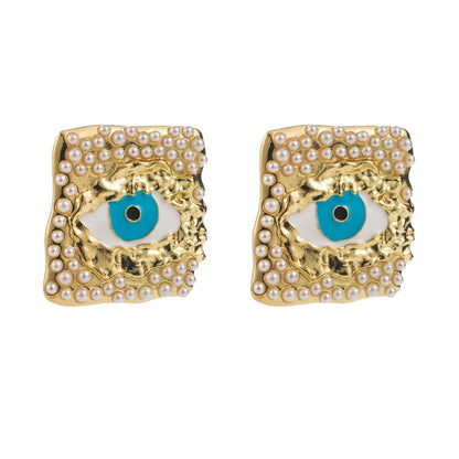 1 Pair Classic Style Devil'S Eye Square Inlay Alloy Pearl Gold Plated Ear Studs