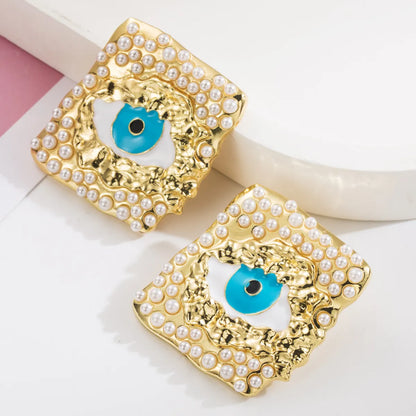 1 Pair Classic Style Devil'S Eye Square Inlay Alloy Pearl Gold Plated Ear Studs