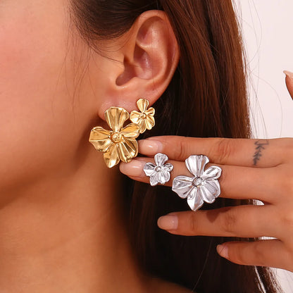 1 Pair Classic Style Flower 304 Stainless Steel 18K Gold Plated Ear Studs