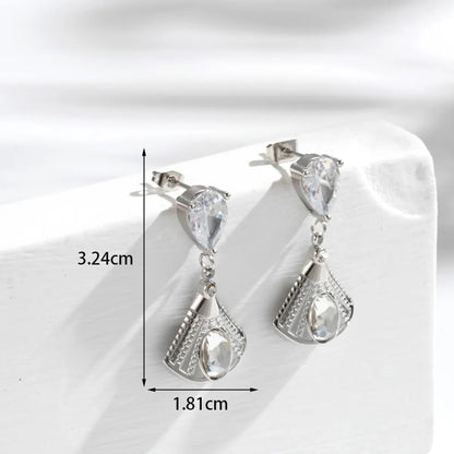 1 Pair Classic Style Korean Style Sector Tassel Heart Shape Plating Inlay 304 Stainless Steel Zircon Drop Earrings