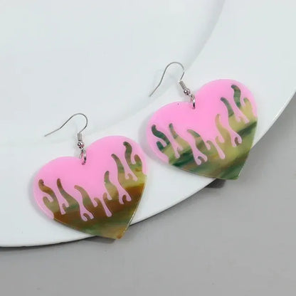 1 Pair Classic Style Printing Flame Heart Shape Printing Arylic Drop Earrings