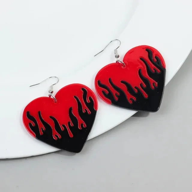 1 Pair Classic Style Printing Flame Heart Shape Printing Arylic Drop Earrings