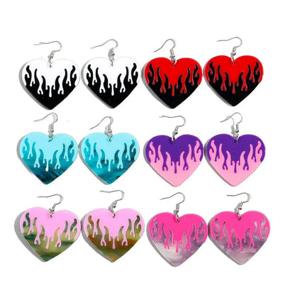 1 Pair Classic Style Printing Flame Heart Shape Printing Arylic Drop Earrings