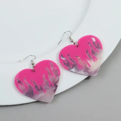 1 Pair Classic Style Printing Flame Heart Shape Printing Arylic Drop Earrings