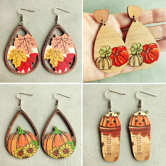 1 Pair Classic Style Pumpkin Printing Wood Drop Earrings